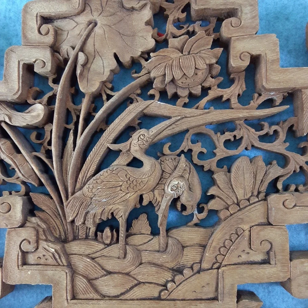 Vintage Hand Carved Wood Chinese Wall Plaque Crane Lotus Relief Art Decor 14X10
